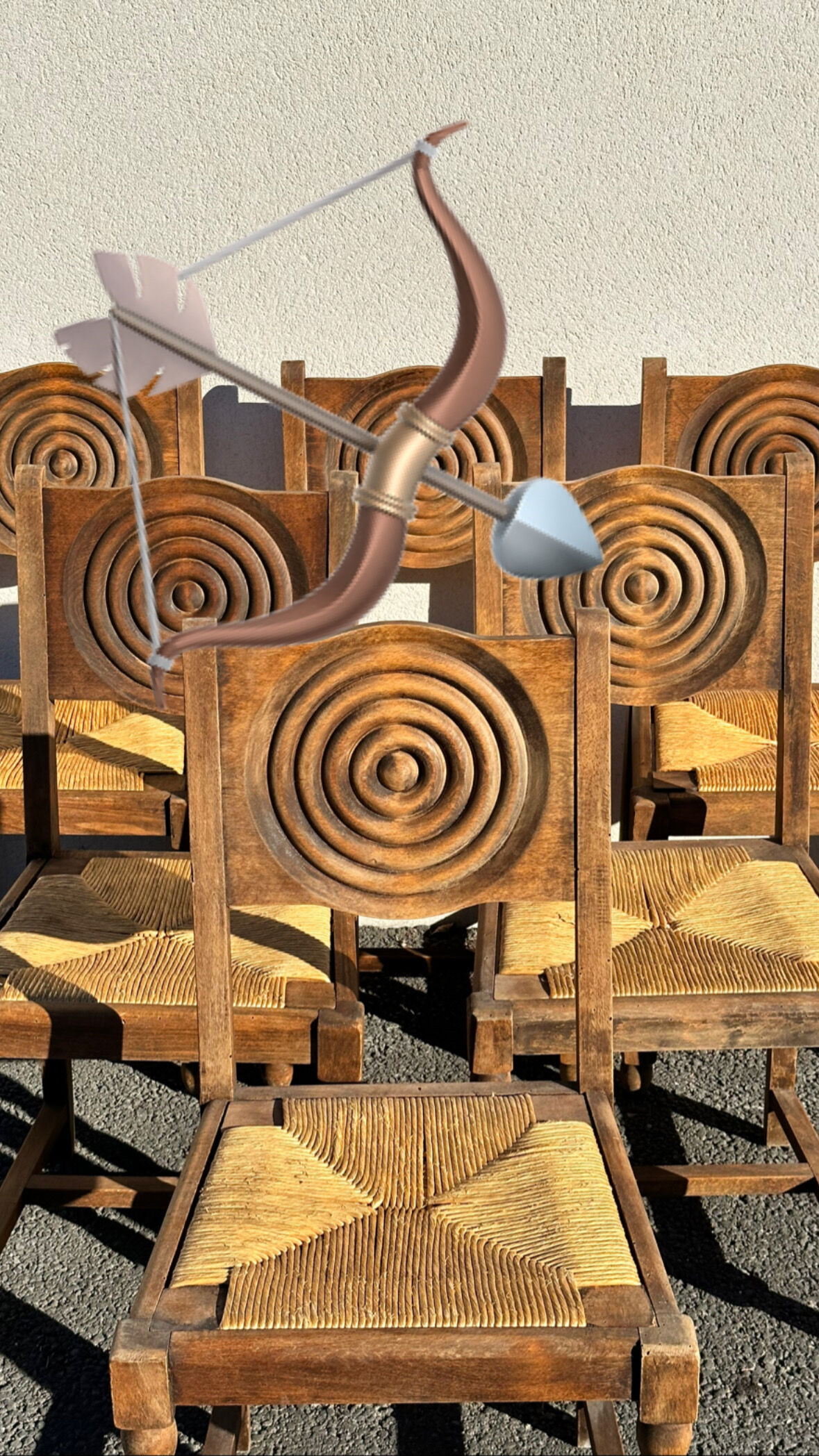 6 rustic style chairs, wood and straw, 1940