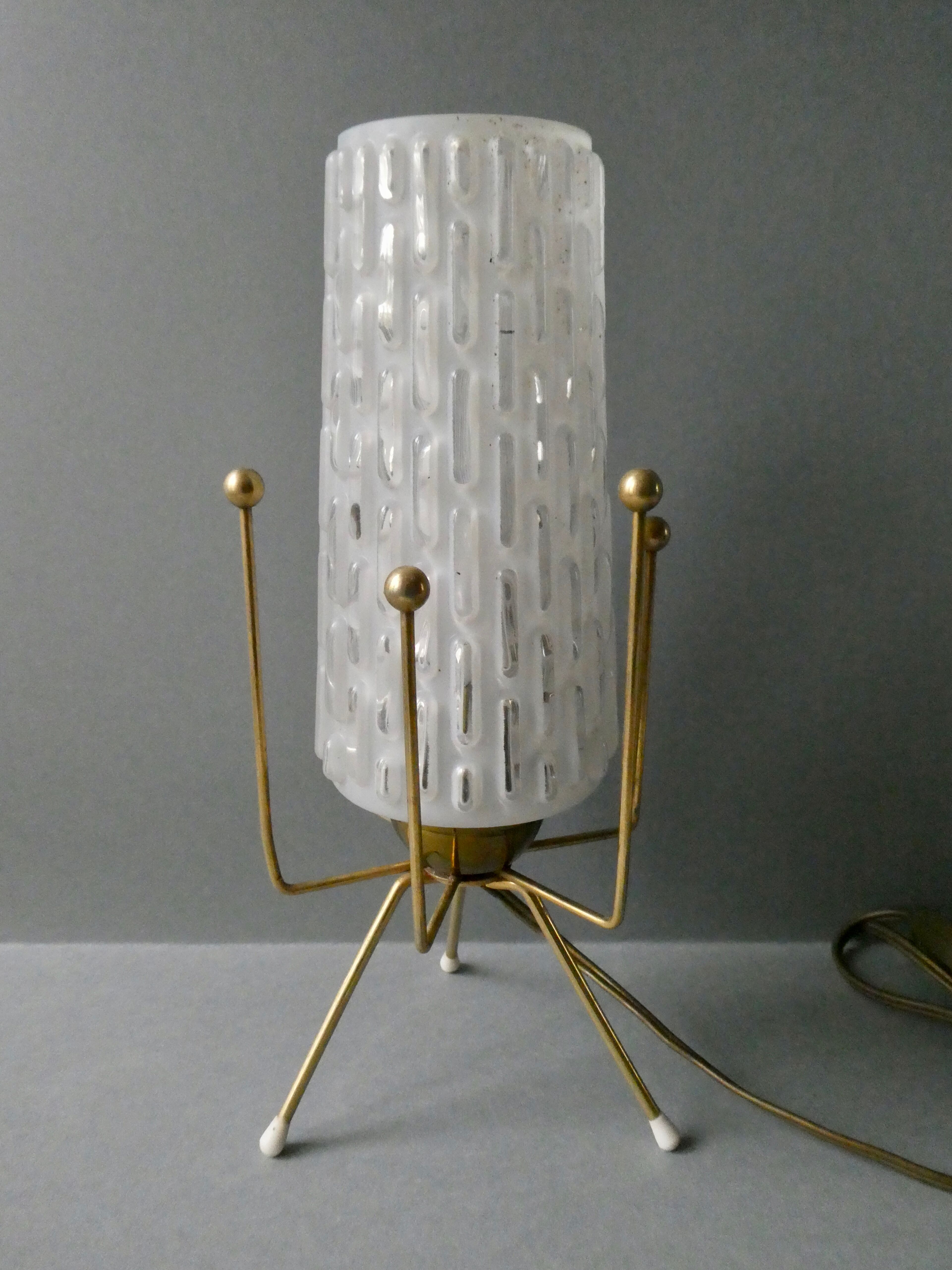 Brass tripod lamp and 1950s glass