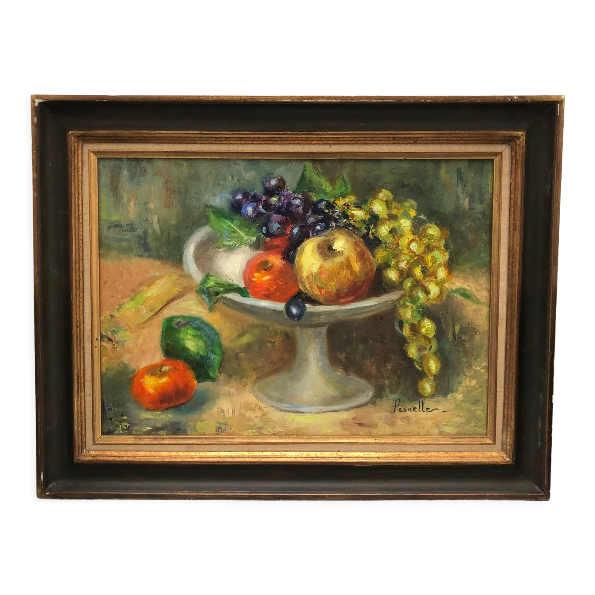 Painting, oil on canvas, still life, fruit cup, signed Pesnelle