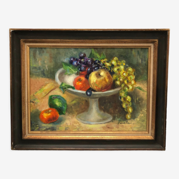 Painting, oil on canvas, still life, fruit cup, signed Pesnelle