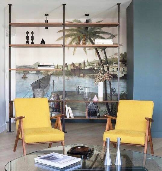 KOMPAS armchairs in grey and white.