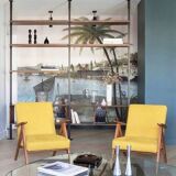 KOMPAS armchairs in grey and white.