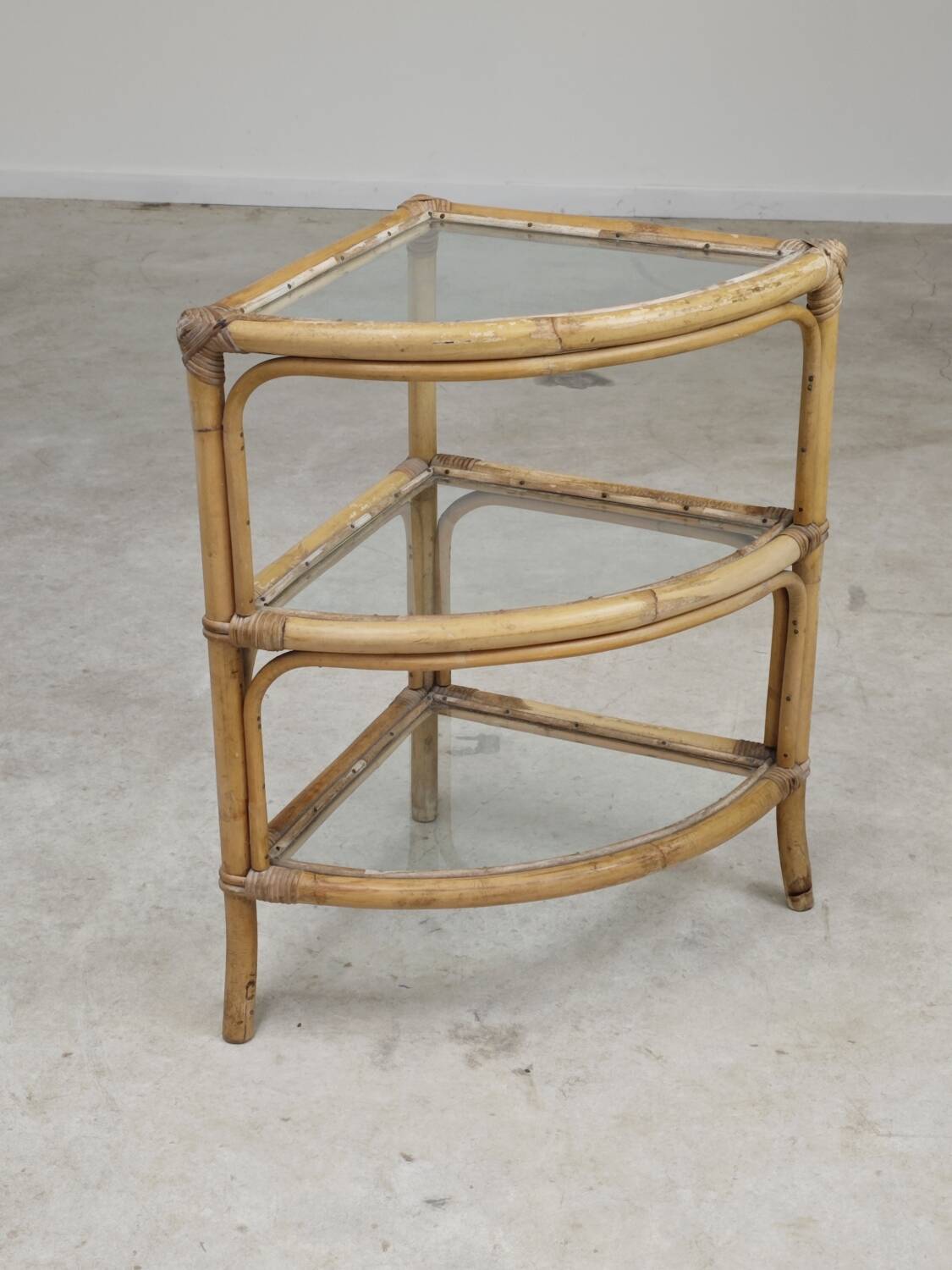 Rattan and glass corner shelf 1970