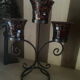 Three-branch candlestick in wrought iron and glass mosaic.