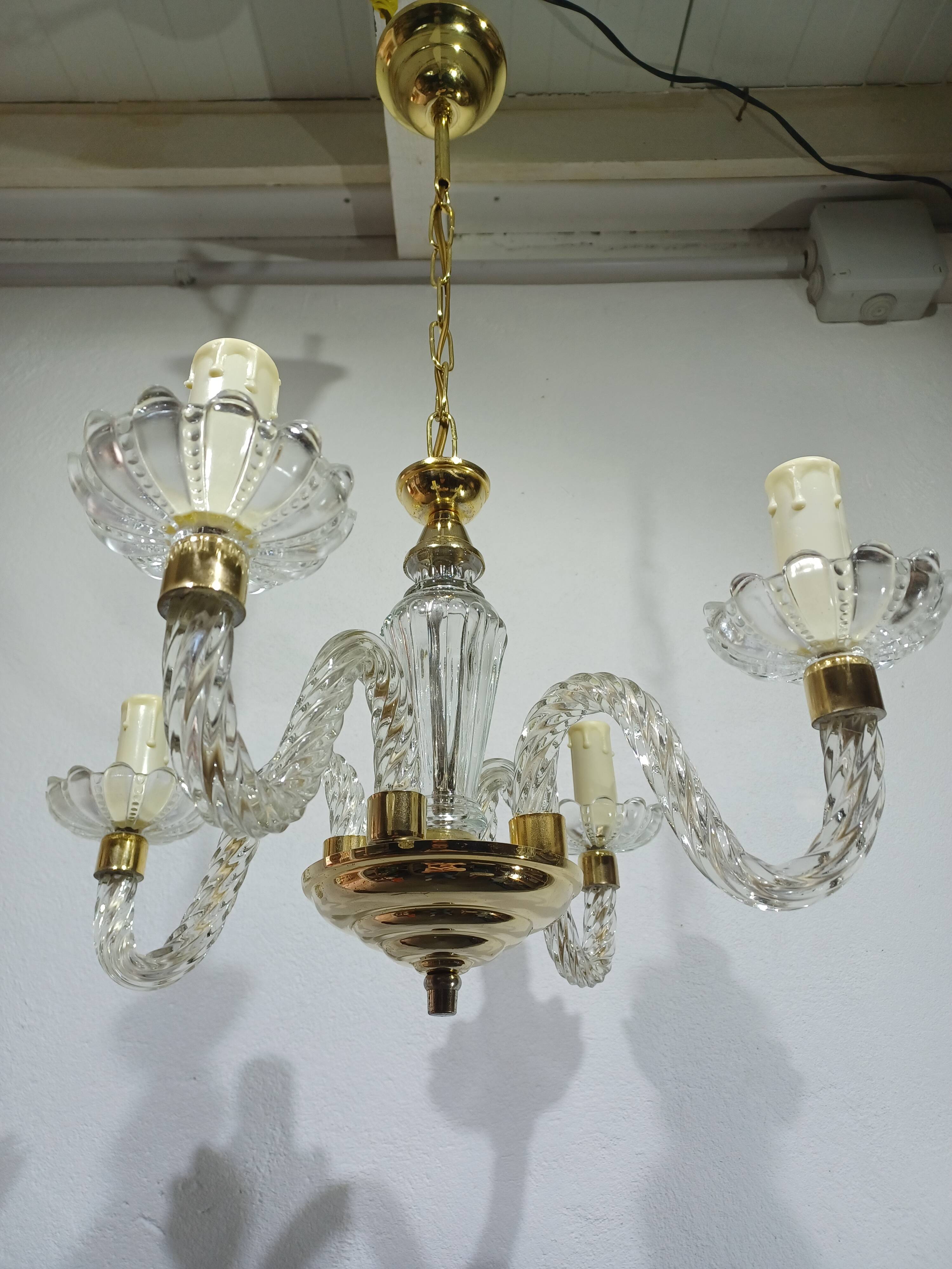 4-light glass and brass chandelier