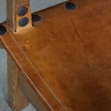 Pair of Spanish brutalist armchairs from the 1960s, wood and leather.