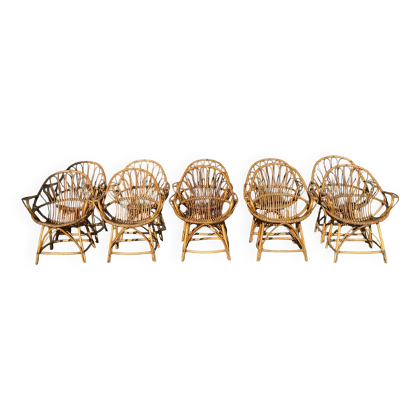 Set de 10 fauteuils en rotin des années 60 France