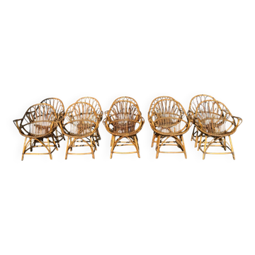 Set of 10 rattan armchairs from the 1960s, France.
