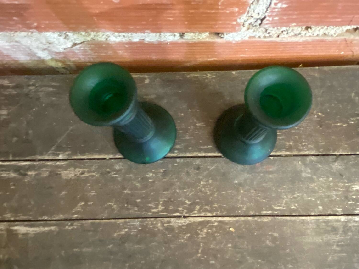 Pair of Antique Green Moulded Glass Candle Holders Column Shape Vintage #D813