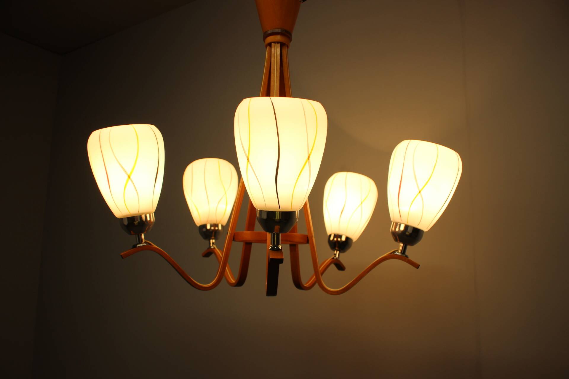 Mid-century wooden chandelier with glass shades, Czechoslovakia, 1970s.