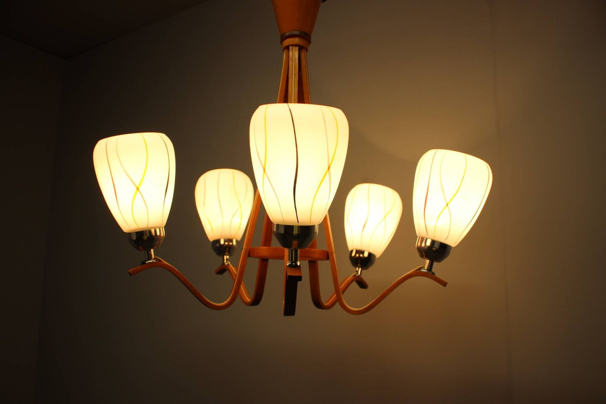Mid-century wooden chandelier with glass shades, Czechoslovakia, 1970s.