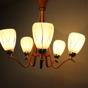 Mid-century wooden chandelier with glass shades, Czechoslovakia, 1970s.