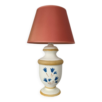 D'Albret lamp in beige terracotta with blue flowers - Hand painted - 80s