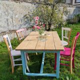 Farm table in oak rough tray vitrify Nordic green foot a drawer covered