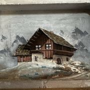 Tableau alpin vintage en bois sculpté et peint