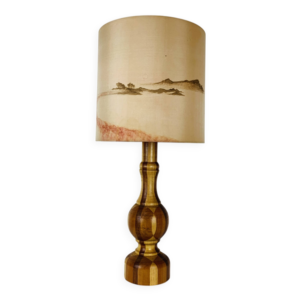 Lampe bois tourné vintage, abat jour soie