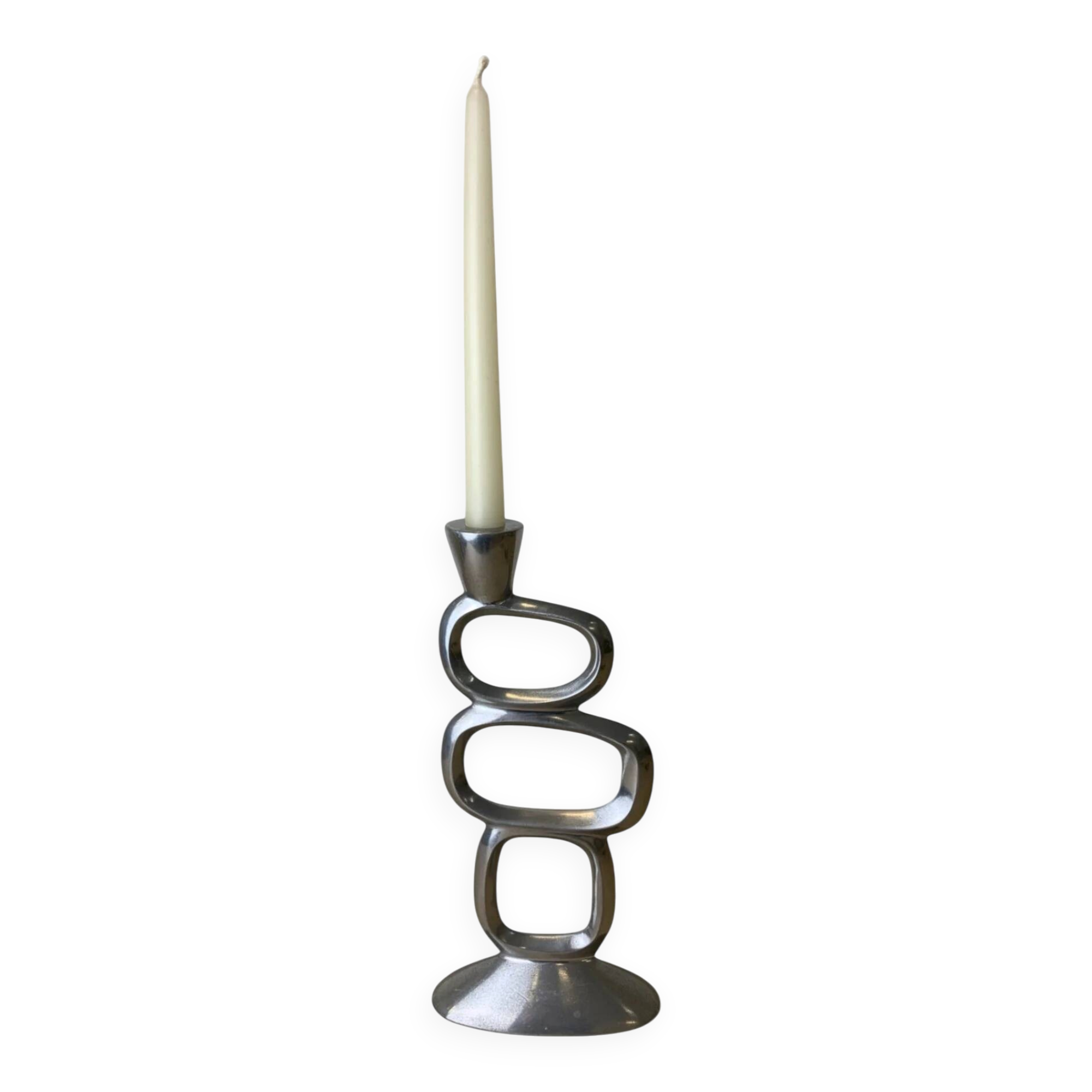 Circle candlestick by Matthew Hilton, solid aluminium, England, 1980s