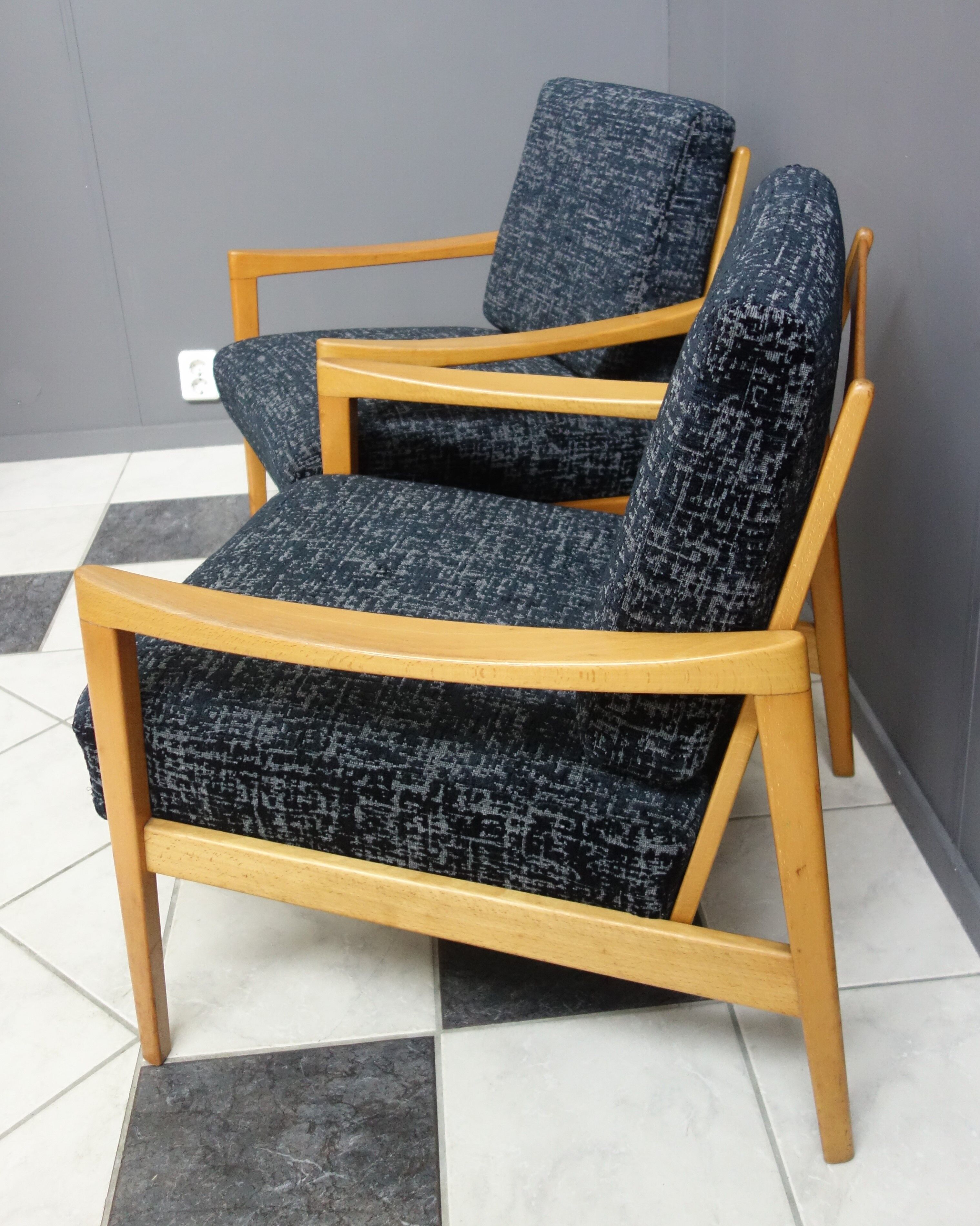 Black velvet-like fabric chairs in beech frame 1960s