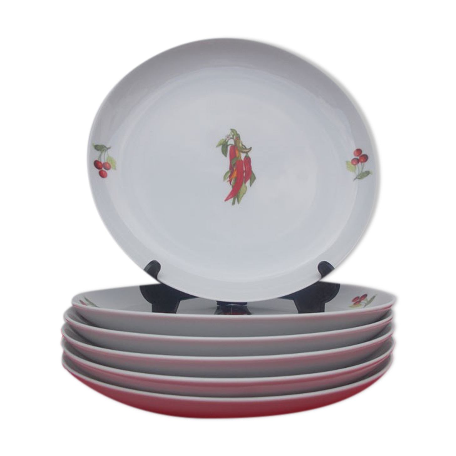 6 assiettes porcelaine basque décor piments et cerises