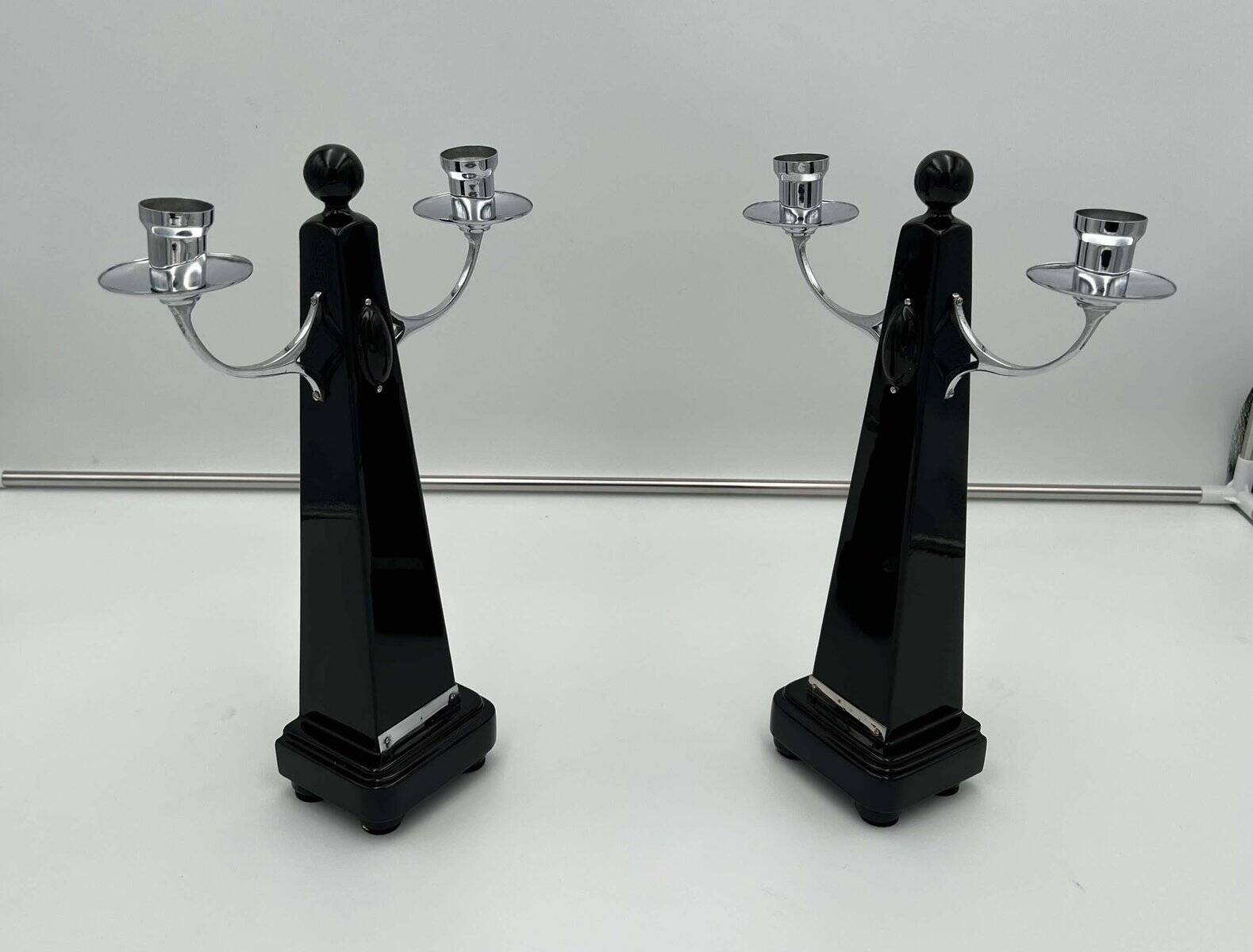 Art Deco Candlesticks in Black Lacquer, Oak & Nickel, Netherlands, 1930s, Set of 2