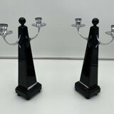 Art Deco Candlesticks in Black Lacquer, Oak & Nickel, Netherlands, 1930s, Set of 2