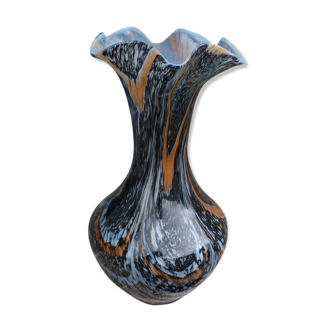 Vase ancien en verre de Clichy à collerette multicolore jaspé