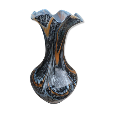 Vase ancien en verre de Clichy à collerette multicolore jaspé