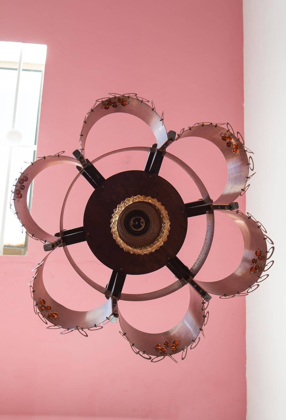 Large Scandinavian copper and wood pendant lamp circa 1970