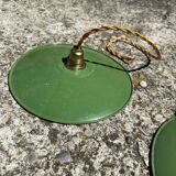Trio de suspension vintage abat jour tole émaillée fils dorés