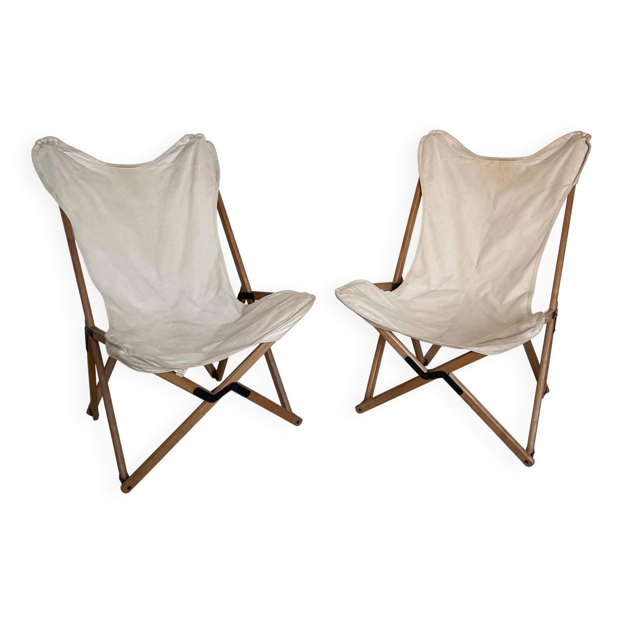 Chaises de jardin vintage en bois et toile blanche