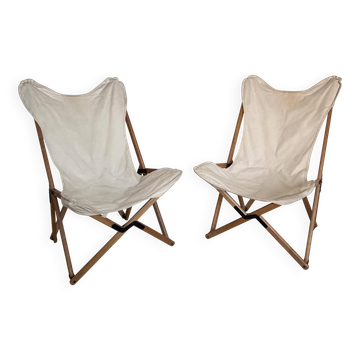 Vintage Foldable Garden / Outdoor Chairs in Wood and White Canvas Boho Chic
