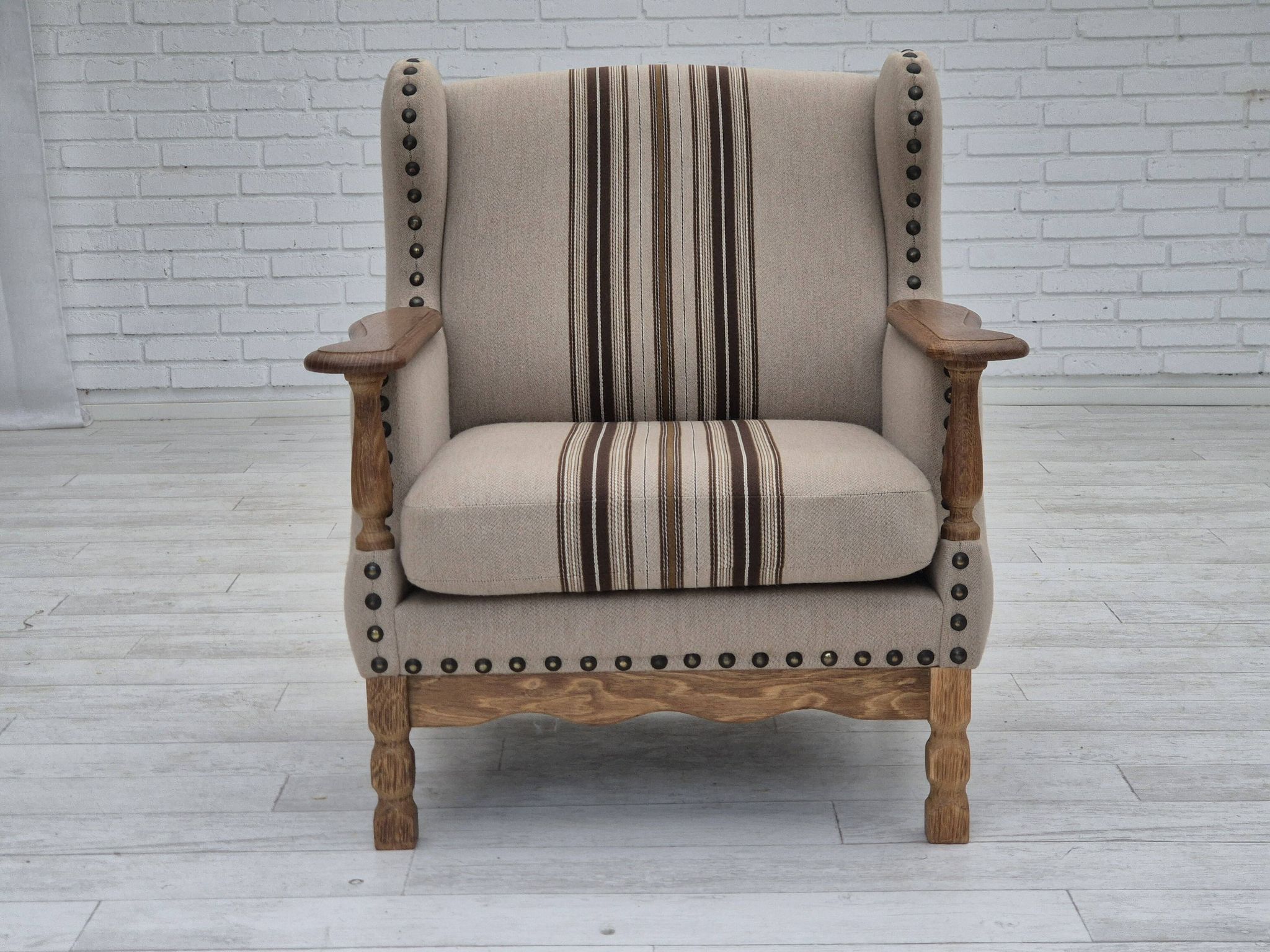 1970s, Danish armchair, furniture wool fabric, oak wood, original condition