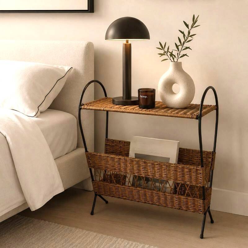 Vintage rattan and black metal magazine rack – Nightstand