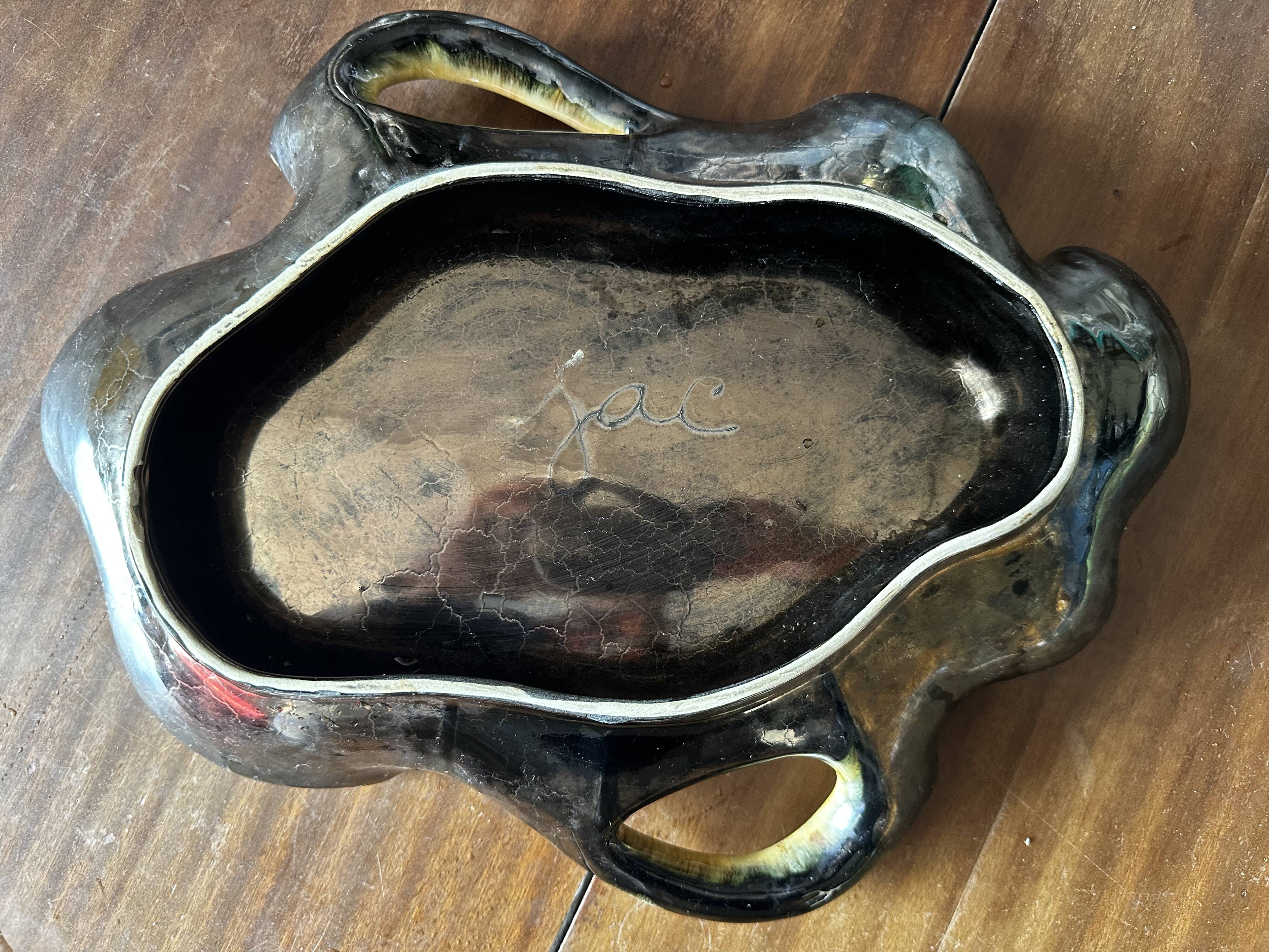 Large Vallauris glazed ceramic bowl/trinket dish, signed JAC - 40/30