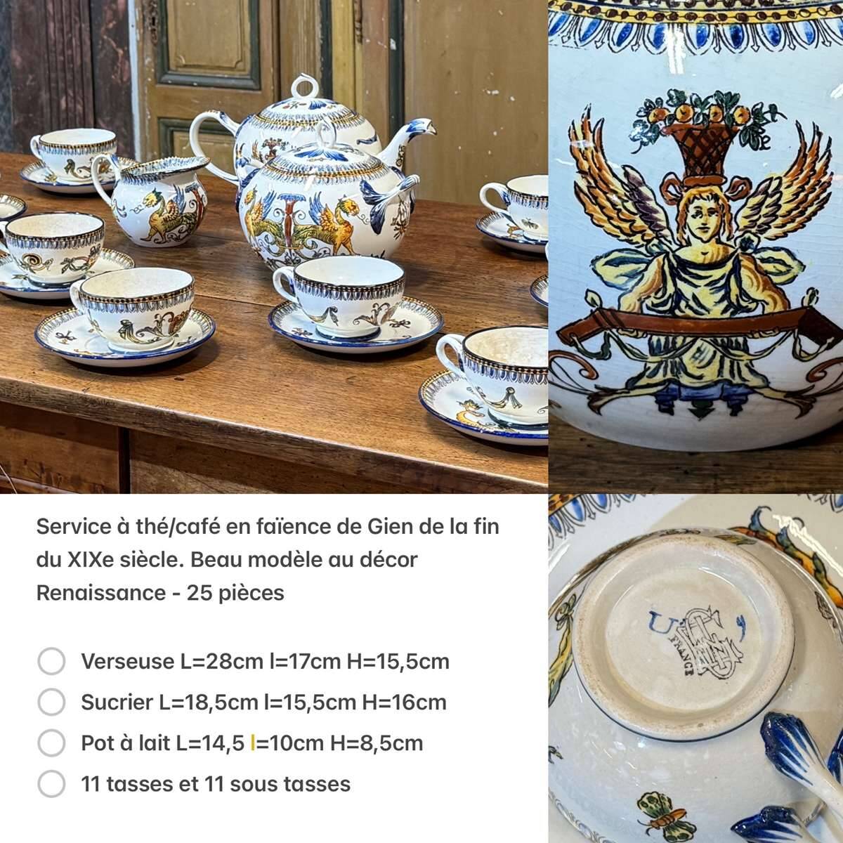 Tea and coffee service in Gien earthenware from the late 19th century with Renaissance decoration.