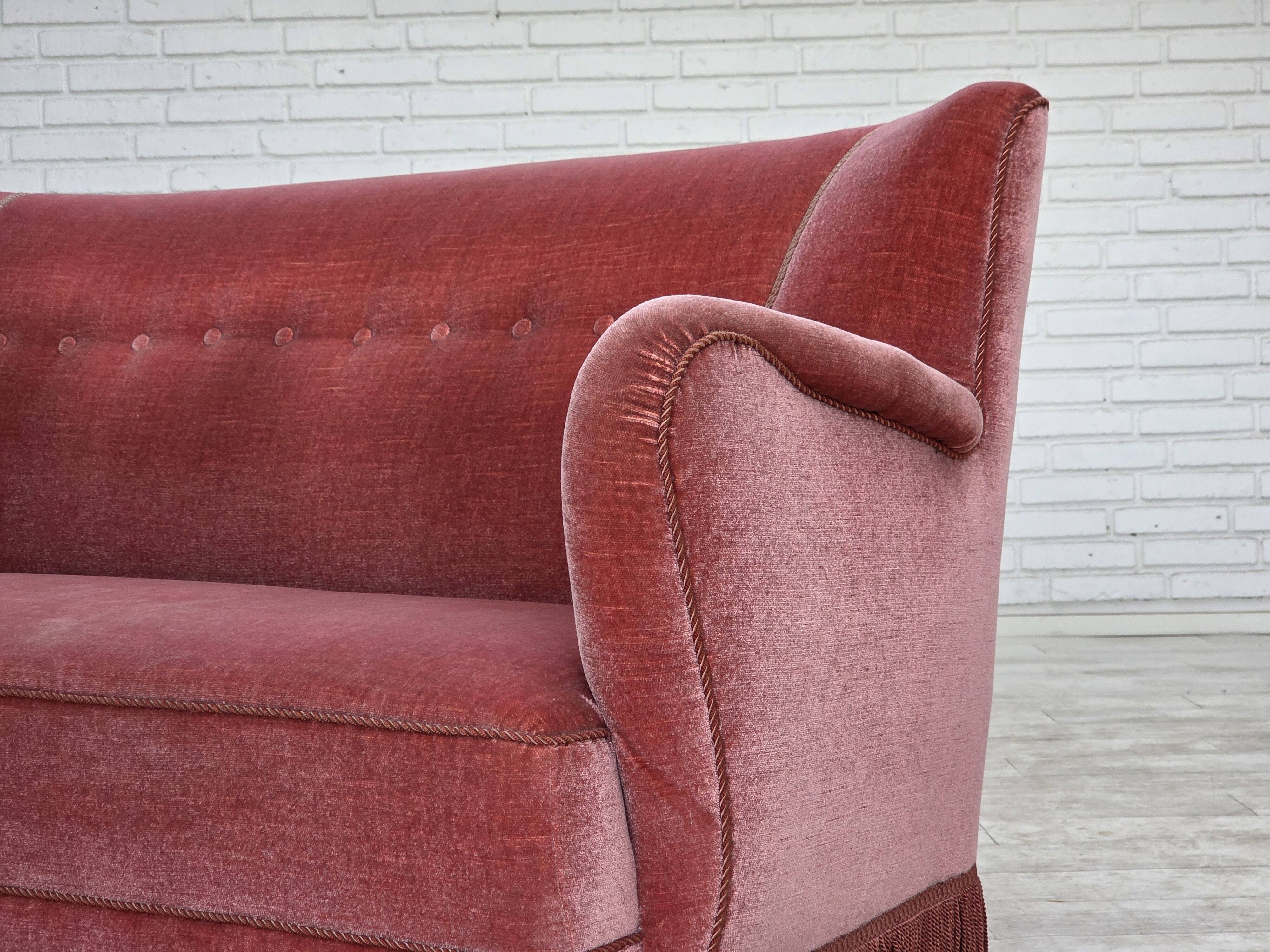 1970s, Danish 2-seater sofa, salmon pink furniture velour, oak wood.