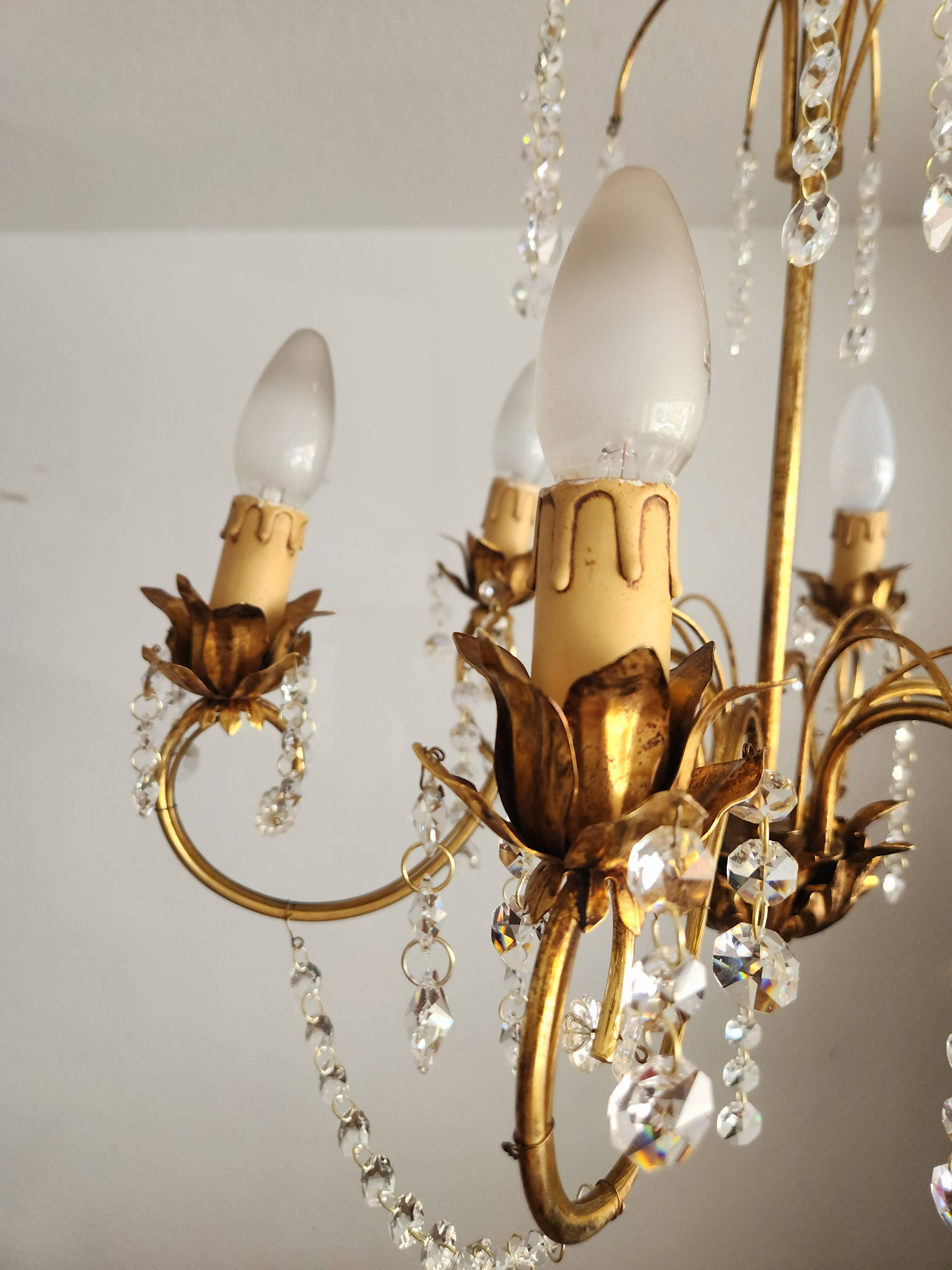 Messing doré lustre à 6 lumières lampe cristal cascade 1950-1970