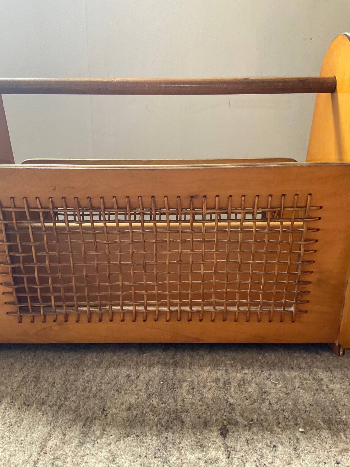 Wooden and rattan magazine rack from the 50s and 60s