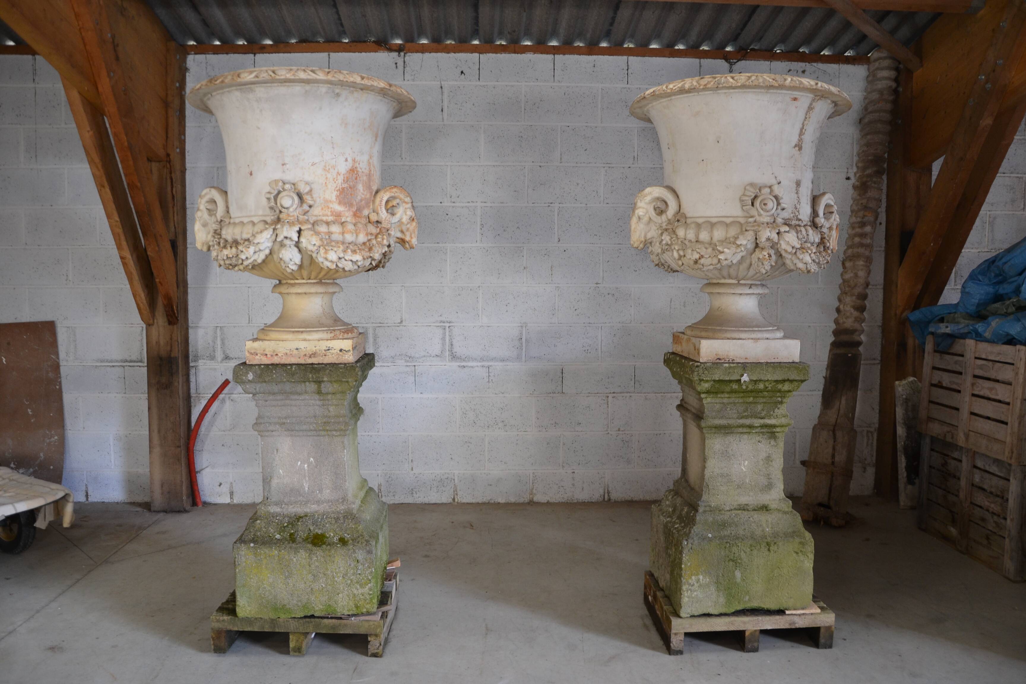 Pair of Neoclassical Style Cast Iron Vases, 19th Century