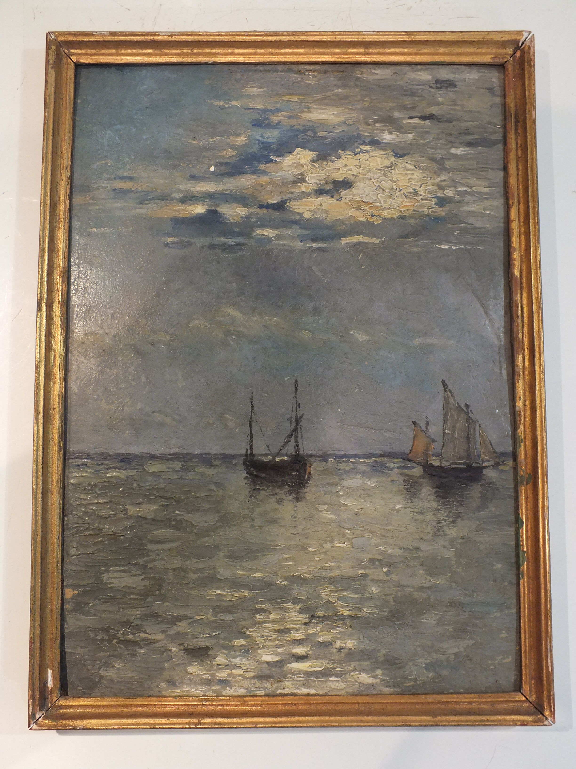 Impressionist painting on cardboard 1900 - marine, boats