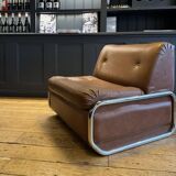 Pair of vintage low chairs, chrome and brown, France 1970