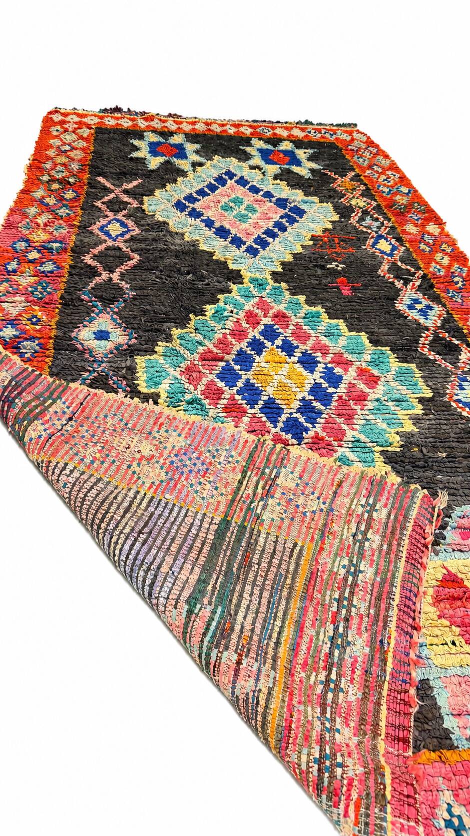 Vintage multicoloured black Berber rug - 140 x 270 cm