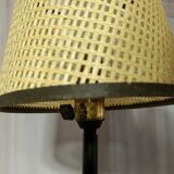 Mid-century tripod floor lamp with 3 lights and a yellow shelf.