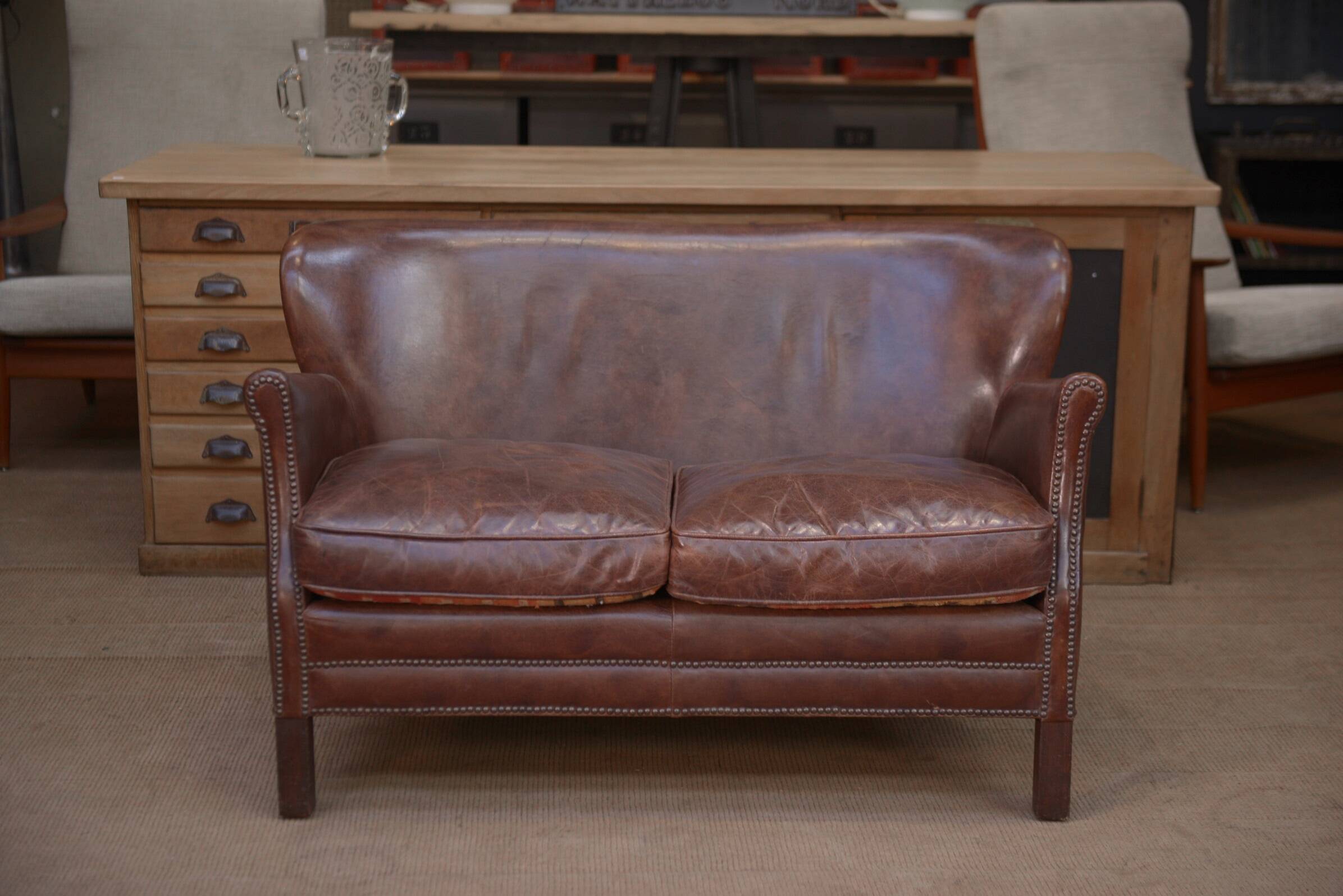 Small Vintage Bench Sofa Studded Leather Sofa 1970s