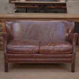 Small Vintage Bench Sofa Studded Leather Sofa 1970s