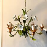 Chandelier 6 lights in green, white and orange metal