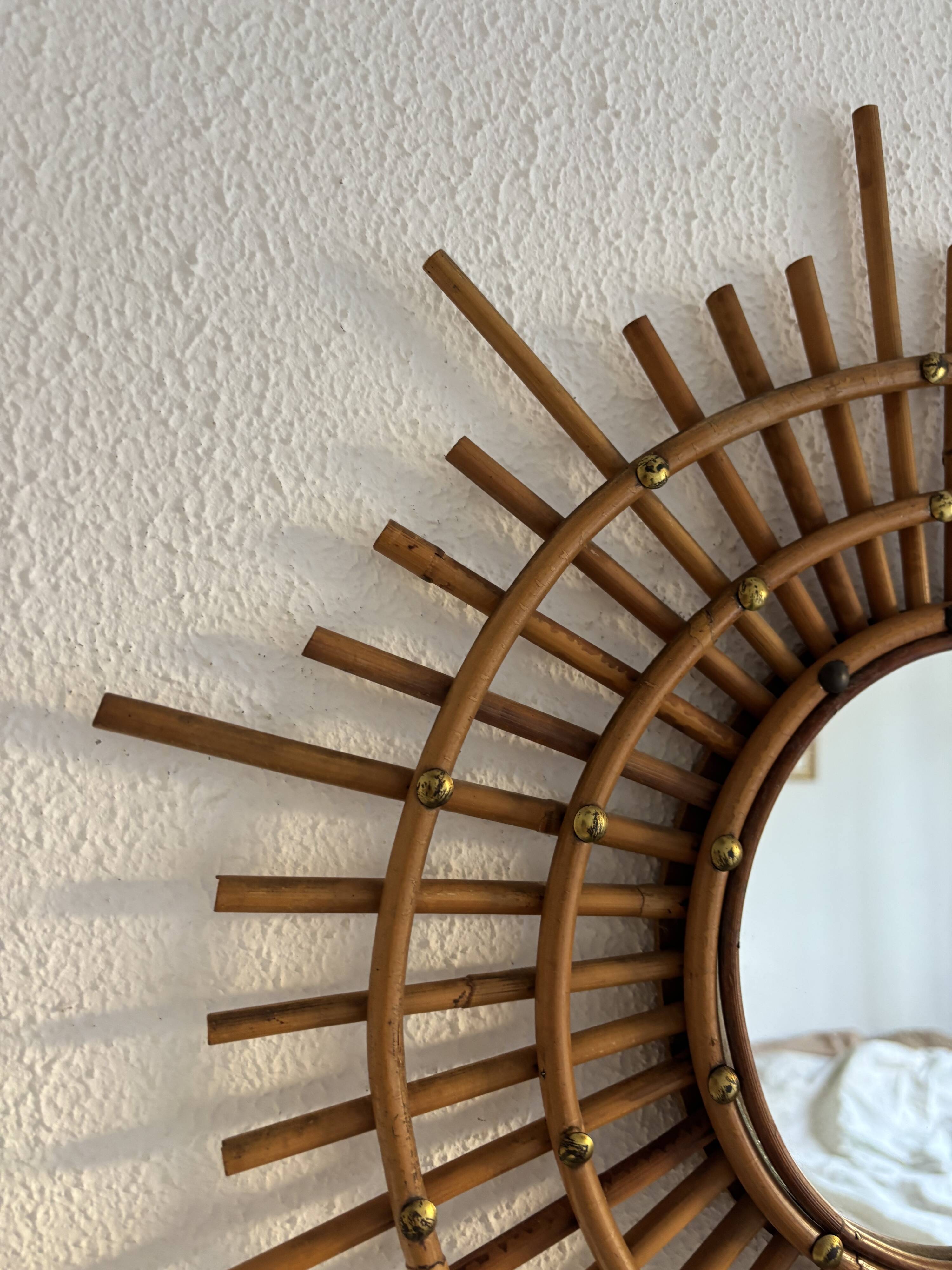 Vintage 1960s sun mirror, rattan, ORTF style, spiral eye - 66 x 50 cm