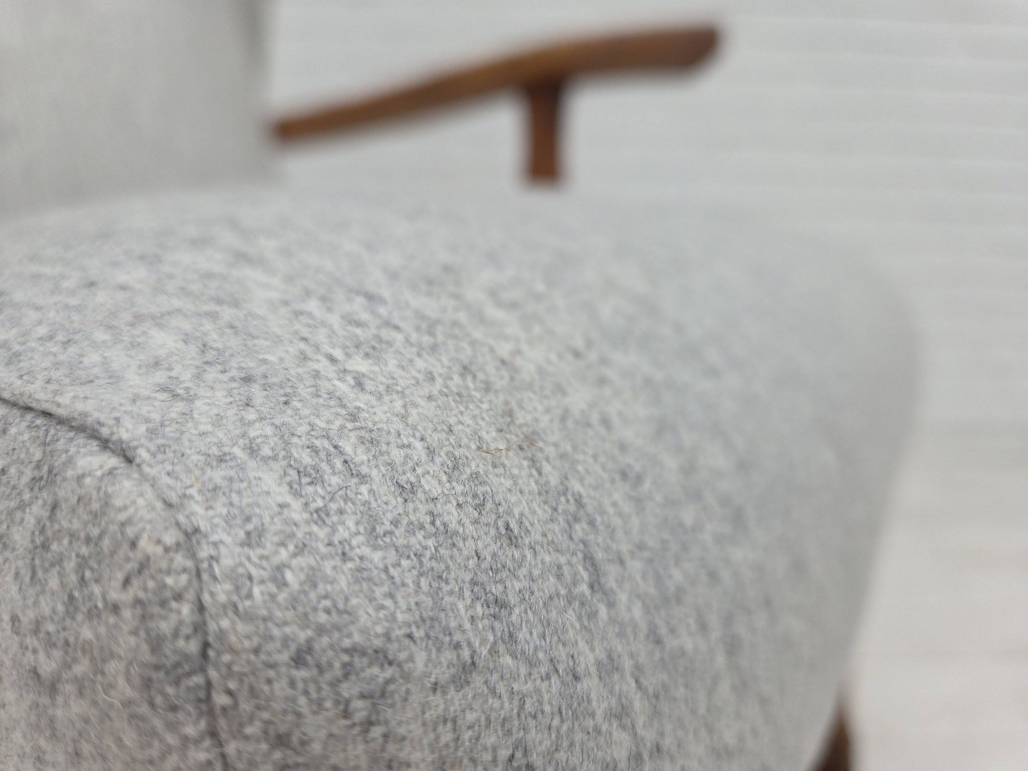 1950s, Danish high-backed armchair, reupholstered, wool, oak wood.