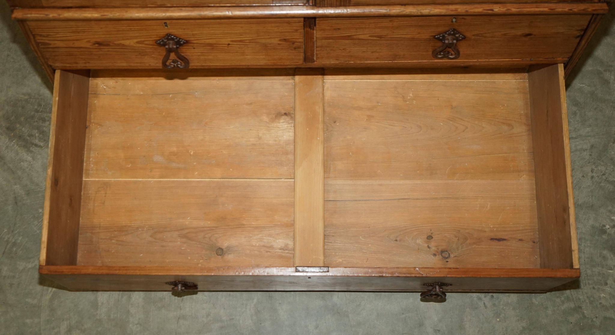 Antique Victorian pine governess buffet with sliding shelf.