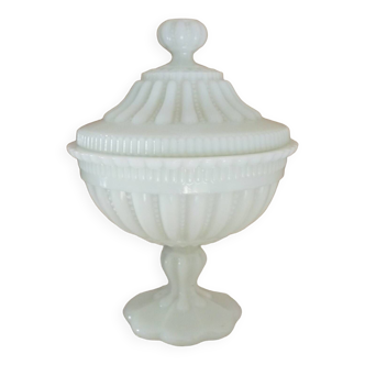 Bonbonniere or cup on foot, milk glass, pressed, molded, thick, opaline art deco